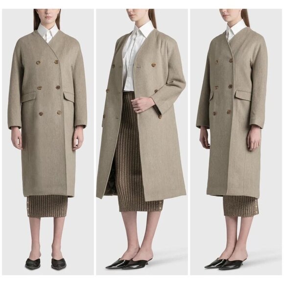NOTHING WRITTEN COLLARLESS LAMBSWOOL COAT in Oatmeal Women's Medium MSRP $665 - Picture 3 of 12